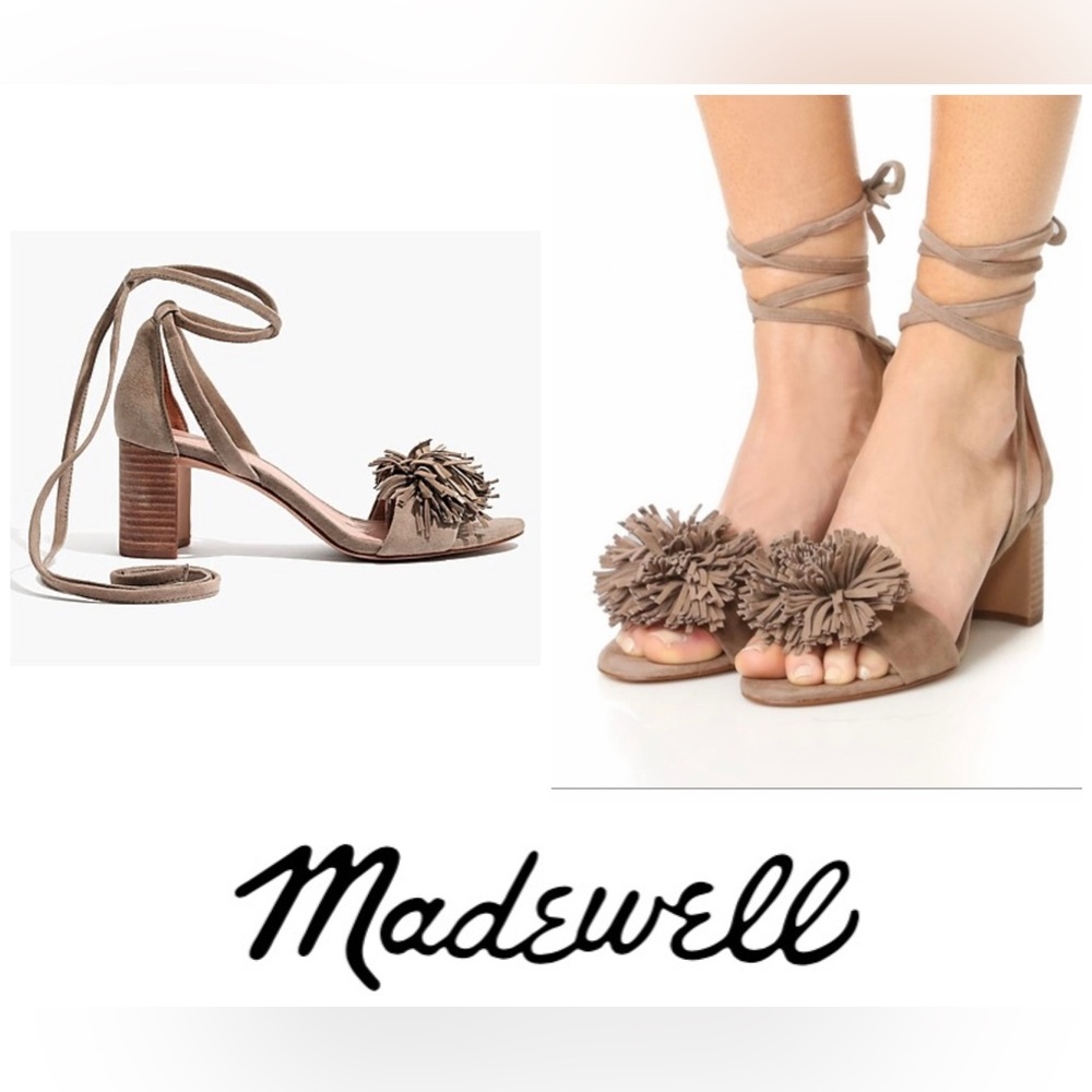 MADEWELL Lainy Womens 7 Ankle-Wrap Heels Clay Taupe Suede Pom Fringe